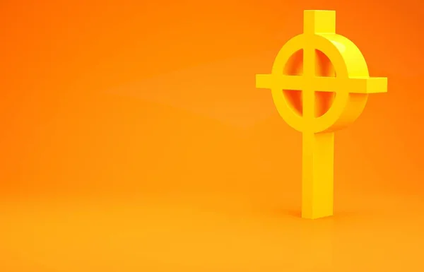 Жовтий християнський хрест ізольований на помаранчевому фоні. Церковний хрест. Концепція мінімалізму. 3D ілюстрація 3D рендеринга — стокове фото
