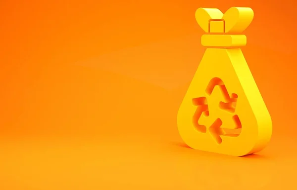 Bolsa de basura amarilla con icono de símbolo de reciclaje aislado sobre fondo naranja. Icono de bote de basura. Reciclar signo de cesta. Concepto minimalista. 3D ilustración 3D render —  Fotos de Stock