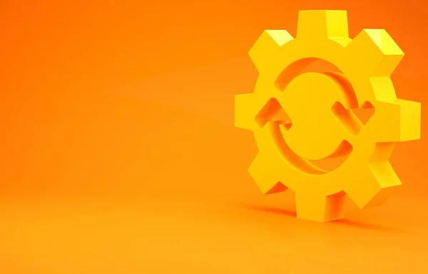 Желтый Геар и стрелки как значок концепции рабочего процесса, выделенный на оранжевом фоне. Перезарядка передач. Концепция минимализма. 3D-рендеринг — стоковое фото