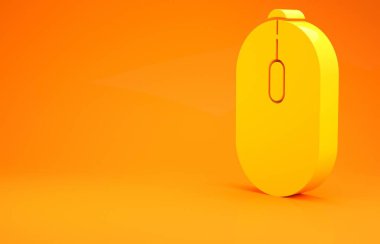 Sarı Bilgisayar faresi oyun simgesi turuncu arkaplanda izole edildi. Tekerlek sembollü optik. Minimalizm kavramı. 3d illüstrasyon 3d canlandırma
