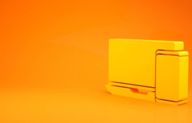 Sarı Bilgisayar monitörü ve cep telefonu simgesi turuncu arka planda izole edildi. İnternetten kazanç, pazarlama. Minimalizm kavramı. 3d illüstrasyon 3B canlandırma