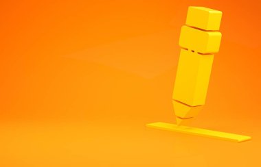 Turuncu arka planda silgi simgesine sahip sarı kalem. Çizim ve eğitim araçları. Okul sembolü. Minimalizm kavramı. 3d illüstrasyon 3B canlandırma