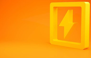 Sarı Şimşek simgesi turuncu arka planda izole edildi. Flaş işareti. Flaş ikonunu yükle. Gök gürültüsü. Yıldırım çarpması. Minimalizm kavramı. 3d illüstrasyon 3d canlandırma