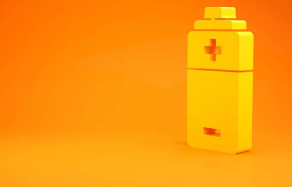 Ícone de bateria amarela isolado no fundo laranja. Símbolo relâmpago. Conceito de minimalismo. 3D ilustração 3D render — Fotografia de Stock