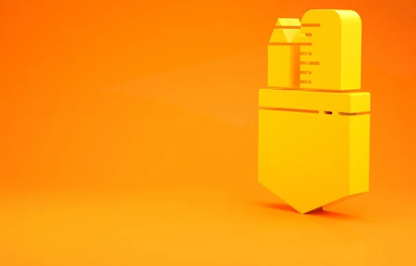 Жовта перехрещена лінійка та піктограма олівця ізольовані на помаранчевому фоні. Символ прямокутника. Малювання та освітні інструменти. Концепція мінімалізму. 3D ілюстрація 3D рендеринга — стокове фото