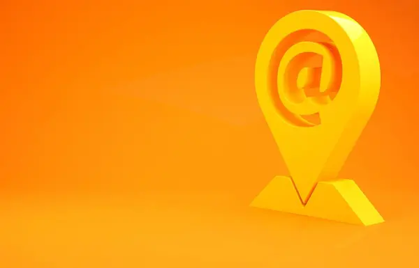 黄色位置、邮件和电子邮件图标在橙色背景下隔离。信封符号电子邮件。电子邮件信息签名。最低纲领的概念。3D渲染3D插图 — 图库照片