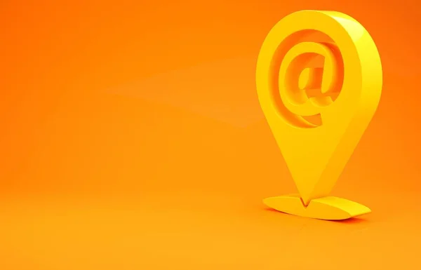黄色位置、邮件和电子邮件图标在橙色背景下隔离。信封符号电子邮件。电子邮件信息签名。最低纲领的概念。3D渲染3D插图 — 图库照片