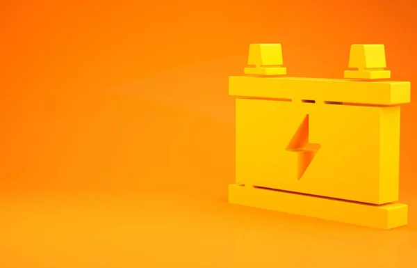 Желтый автомобиль аккумулятор значок изолирован на оранжевом фоне. Аккумуляторная батарея и аккумуляторная батарея. Концепция минимализма. 3D-рендеринг — стоковое фото