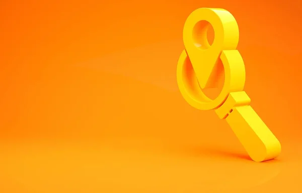 Κίτρινη εικόνα τοποθεσίας αναζήτησης που απομονώνεται σε πορτοκαλί φόντο. Μεγέθυνση γυαλί με ένδειξη δείκτη. Μινιμαλιστική έννοια. 3D απεικόνιση 3d καθιστούν — Φωτογραφία Αρχείου