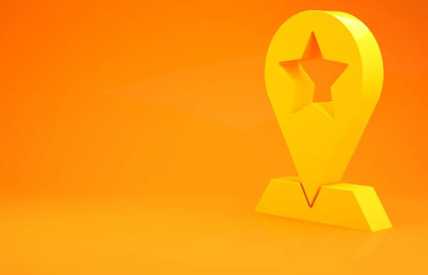 Żółty wskaźnik mapy z ikoną gwiazdy na pomarańczowym tle. Gwiazda ulubiona ikona mapy pin. Znaczniki map. Koncepcja minimalizmu. Ilustracja 3d — Zdjęcie stockowe