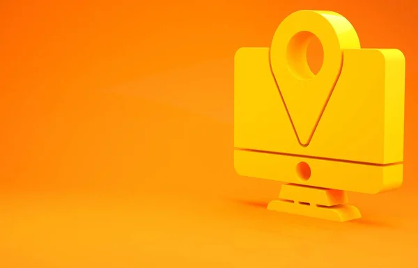 Monitor de computador amarelo e mapa dobrado com ícone de marcador de localização isolado no fundo laranja. Conceito de minimalismo. 3D ilustração 3D render — Fotografia de Stock