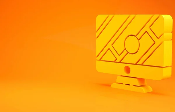 Yellow Computer monitor and folded map with location marker icon isolated on orange background. Minimalism concept. 3d illustration 3D render