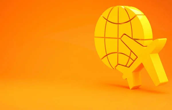 Globo amarillo con icono de avión volador aislado sobre fondo naranja. El avión vuela alrededor del planeta tierra. Icono del mundo de los aviones. Concepto minimalista. 3D ilustración 3D render — Foto de Stock