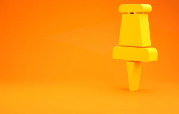 Желтый пин-значок Push изолирован на оранжевом фоне. Знак "Зубцы". Концепция минимализма. 3D-рендеринг — стоковое фото
