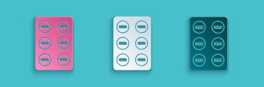Kağıt kesiği haplar mavi arka planda izole edilmiş. İlaç paketi. Tablet, vitamin, antibiyotik, aspirin. Kağıt sanatı tarzı. Vektör İllüstrasyonu