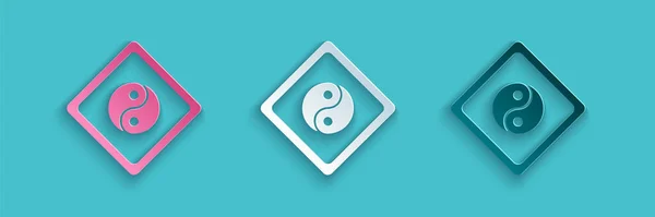 Papel de corte Yin Yang símbolo de armonía y equilibrio icono aislado sobre fondo azul. Estilo de arte de papel. Ilustración vectorial — Archivo Imágenes Vectoriales