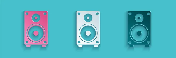 Paper cut Stereo speaker icon isolated on blue background. Sound system speakers. Music icon. Musical column speaker bass equipment. Paper art style. Vector Illustration — Stock Vector