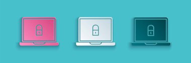 Paper cut Laptop and lock icon isolated on blue background. Computer and padlock. Security, safety, protection concept. Safe internetwork. Paper art style. Vector Illustration