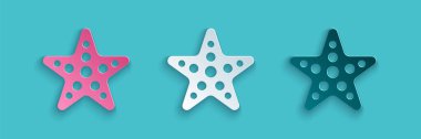 Kağıt kesiği deniz yıldızı simgesi mavi arkaplanda izole edilmiş. Kağıt sanatı tarzı. Vektör İllüstrasyonu