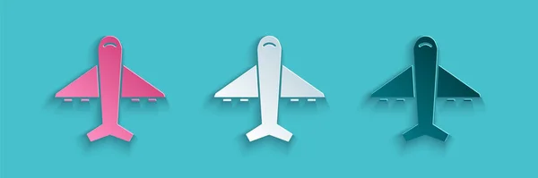 Paper cut Plane icon isolated on blue background. Flying airplane icon. Airliner sign. Paper art style. Vector Illustration — Stock Vector