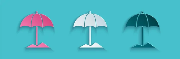 Paraguas protector Sun de corte de papel para icono de la playa aislado sobre fondo azul. Gran sombrilla para espacio al aire libre. Paraguas de playa. Estilo de arte de papel. Ilustración vectorial — Vector de stock