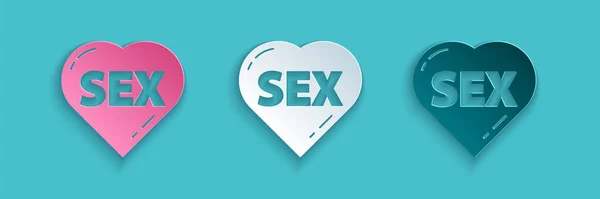 Corte de papel Corazón con texto Icono de sexo aislado sobre fondo azul. Icono solo contenido para adultos. Estilo de arte de papel. Ilustración vectorial — Archivo Imágenes Vectoriales