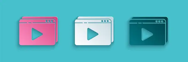 Paper cut Online play video icon isolated on blue background. Film strip with play sign. Paper art style. Vector Illustration — ストックベクタ