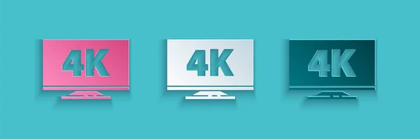Papírvágás Képernyő TV 4k Ultra Hd videó technológia ikon elszigetelt kék háttérrel. Papírművészeti stílus. Vektorillusztráció — Stock Vector