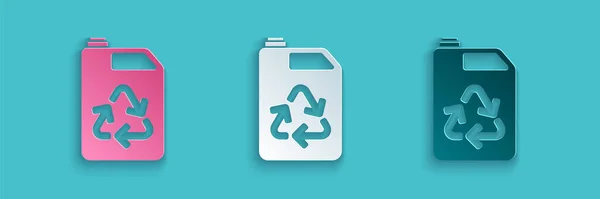 Paper cut Eco fuel canister icon isolated on blue background. Eco bio dan barel. Lingkungan hijau dan daur ulang. Gaya seni kertas. Ilustrasi Vektor - Stok Vektor