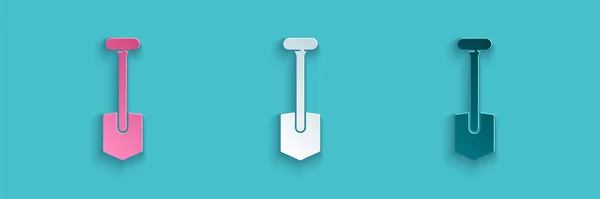 Papier gesneden Shovel icoon geïsoleerd op blauwe achtergrond. Tuinieren gereedschap. Hulpmiddel voor de tuinbouw, landbouw, landbouw. Papier kunststijl. Vector illustratie — Stockvector