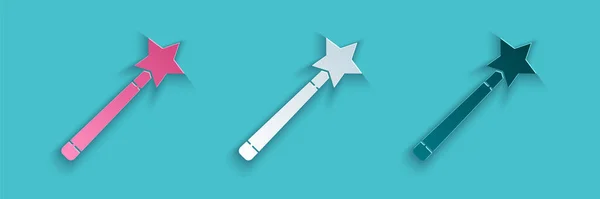 Paper cut Magic wand icon isolated on blue background. Star shape magic accessory. Magical power. Paper art style. Vector Illustration — Stock Vector