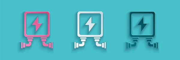Paper cut Electric transformer icon isolated on blue background. Paper art style. Vector Illustration — Stock Vector