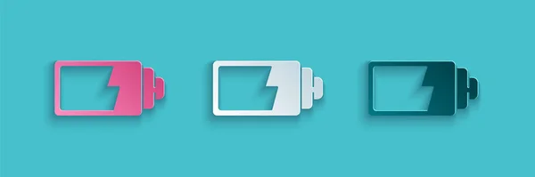 Paper cut Battery charge level indicator icon isolated on blue background. Paper art style. Vector Illustration — Stock Vector