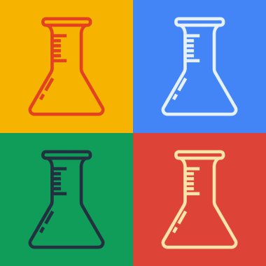 Pop sanat eseri test tüpü ve matara ikonu renk arkaplanında izole edilmiş. Kimyasal laboratuvar testi. Laboratuvar camları. Vektör İllüstrasyonu