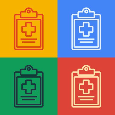 Pop Art Line Medikal panosu. Renkli arka planda izole edilmiş klinik kayıt simgesi. Sağlık sigortası formu. Reçete, tıbbi kontrol işaretleri raporu. Vektör İllüstrasyonu