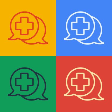 Doktor simgesi ile Pop Sanat Çizgisi Diyaloğu renk arkaplanında izole edildi. Doktor ve hasta diyaloğu. Sağlık hizmetleri hakkında danışmanlık. Vektör İllüstrasyonu