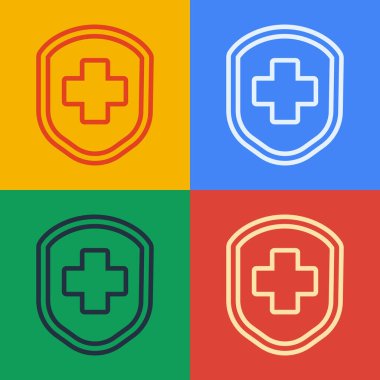Pop Art Line Tıbbi Kalkanı. Renk arkaplanında çapraz simge var. Koruma, güvenlik, şifre güvenliği. Vektör İllüstrasyonu