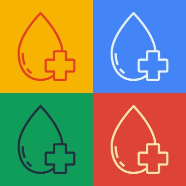 Pop Art Line Bağış Renk arkaplanında izole edilmiş haç simgesi olan kan damlası. Vektör İllüstrasyonu