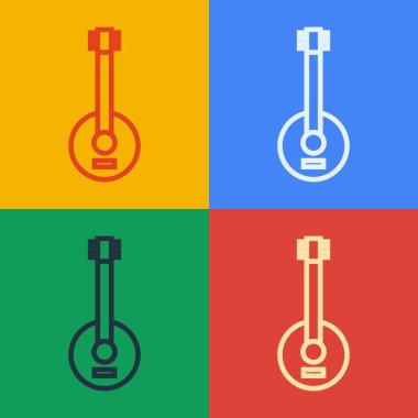 Pop sanat çizgisi Banjo simgesi renk arkaplanında izole edildi. Müzik aleti. Vektör İllüstrasyonu