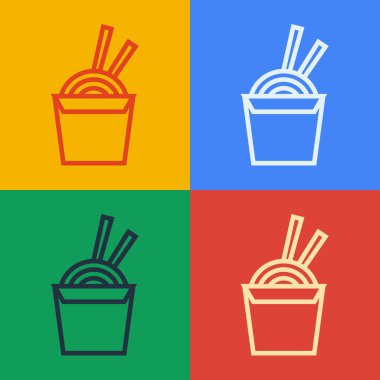 Karton kutuda Asya erişteleri ve renkli arka planda izole edilmiş yemek çubukları ikonu. Sokak yemeği. Kore, Japon, Çin yemekleri. Vektör İllüstrasyonu