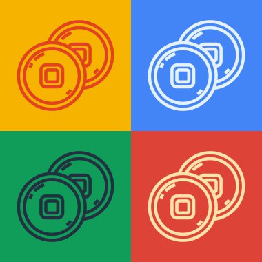 Pop sanat çizgisi Çin Yuan para birimi sembolü renk arkaplanında izole edilmiş. Bozuk para. Bankacılık işareti. Para sembolü. Vektör İllüstrasyonu