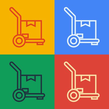 Popüler sanat çizgisi El arabası ve renkli arka planda izole edilmiş kutular. Dolly sembolü. Vektör İllüstrasyonu
