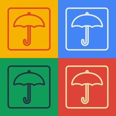 Pop sanat çizgisi Umbrella simgesi renk arkaplanında izole edildi. Su geçirmez ikon. Koruma, güvenlik, güvenlik kavramı. Suya dayanıklı sembol. Vektör İllüstrasyonu