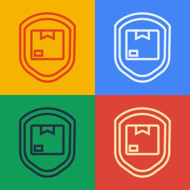 Pop Art Line Teslimat Paketi güvenliği ve renkli arka planda izole edilmiş kalkan simgesi. Teslimat sigortası. Kalkanın ötesinde sigorta kutuları var. Vektör İllüstrasyonu