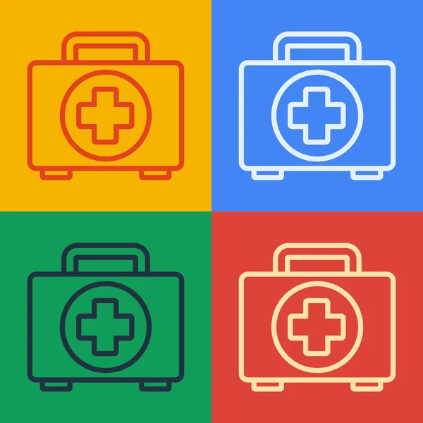 Pop art line First aid kit icon isolated on color background. Medical box with cross. Medical equipment for emergency. Healthcare concept. Vector Illustration — Stock Vector