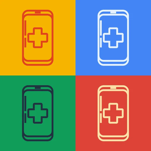 Pop art line Telefone celular de emergência para ícone do hospital isolado no fundo de cor. Ilustração vetorial — Vetor de Stock