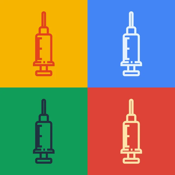 Pop art line Injekční stříkačka ikona izolované na barevném pozadí. Injekční stříkačka pro vakcínu, vakcinaci, injekci, injekci proti chřipce. Zdravotnické vybavení. Vektorová ilustrace — Stockový vektor
