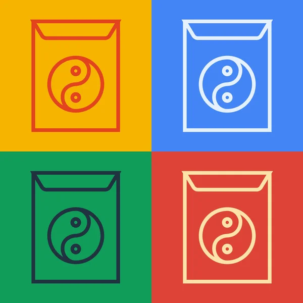 Pop art línea Yin Yang y sobre icono aislado en el fondo de color. Símbolo de armonía y equilibrio. Ilustración vectorial — Archivo Imágenes Vectoriales