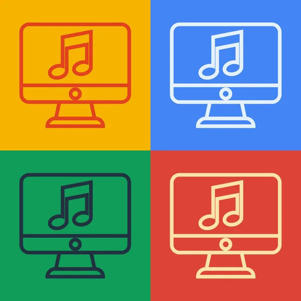 Pop art line Computer met muzieknoot symbool op het scherm pictogram geïsoleerd op kleur achtergrond. Vector Illustratie — Stockvector