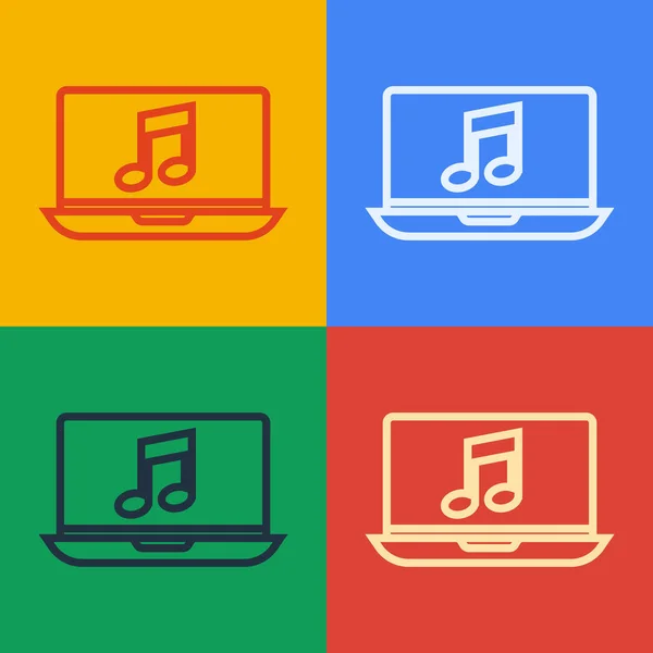 Pop art line Laptop met muzieknoot symbool op het scherm pictogram geïsoleerd op kleur achtergrond. Vector Illustratie — Stockvector